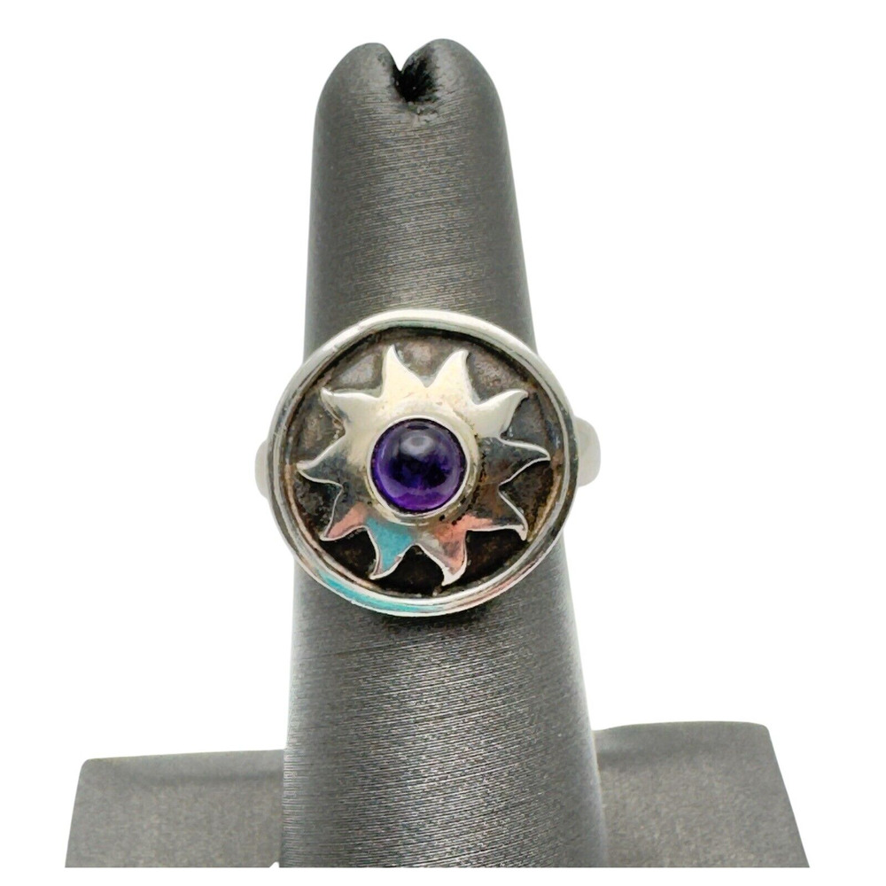 Vintage Sterling Silver 925 Amethyst Ring Sun Celestial Signed LM Boho Size 6.75
